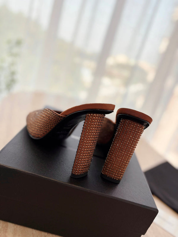 MULE BIONDA TACCO ALTO 10 CM IN RASO MARRONE BRONZO CON STRASS