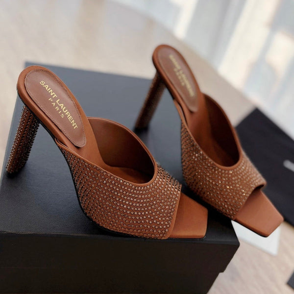 MULE BIONDA TACCO ALTO 10 CM IN RASO MARRONE BRONZO CON STRASS