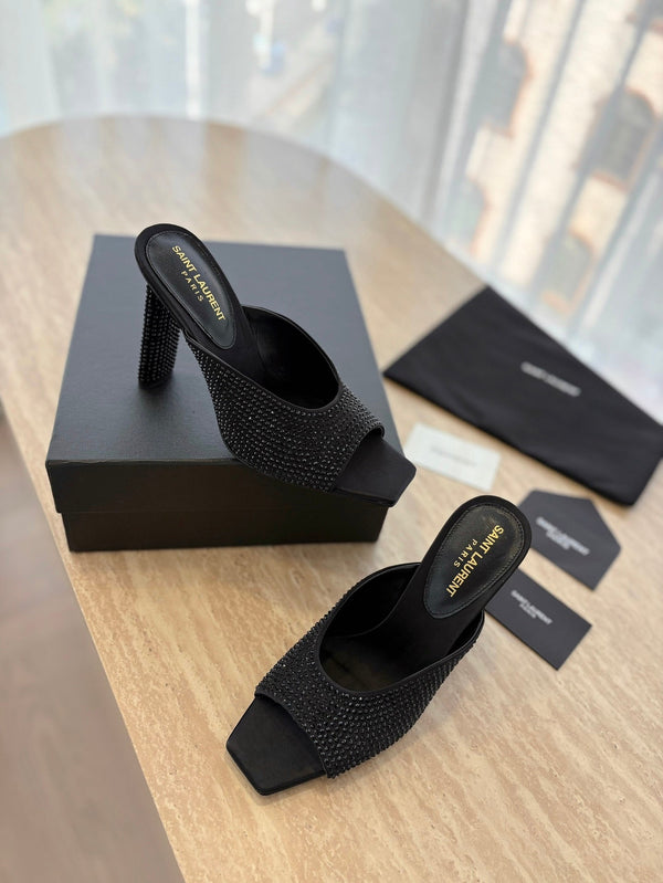 HIGH HEEL BLONDE MULE 10 CM IN BLACK SATIN WITH RHINESTONES