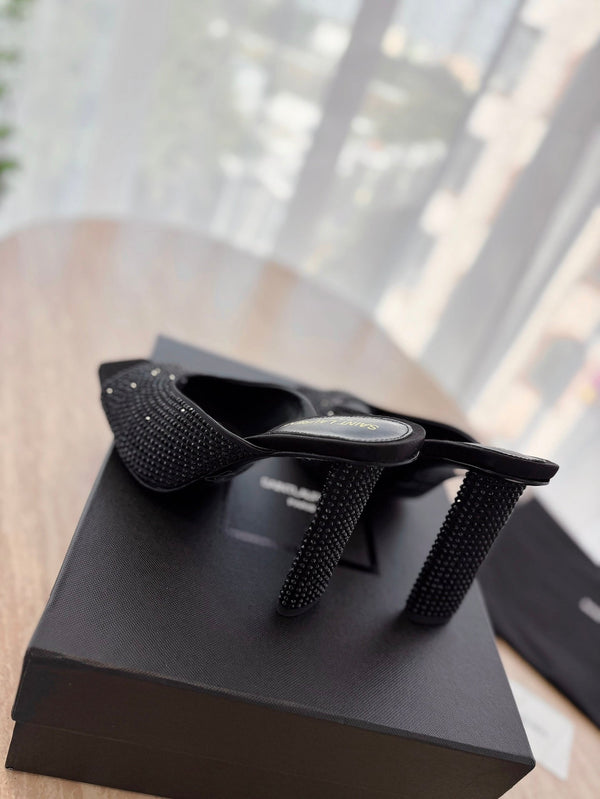 HIGH HEEL BLONDE MULE 10 CM IN BLACK SATIN WITH RHINESTONES