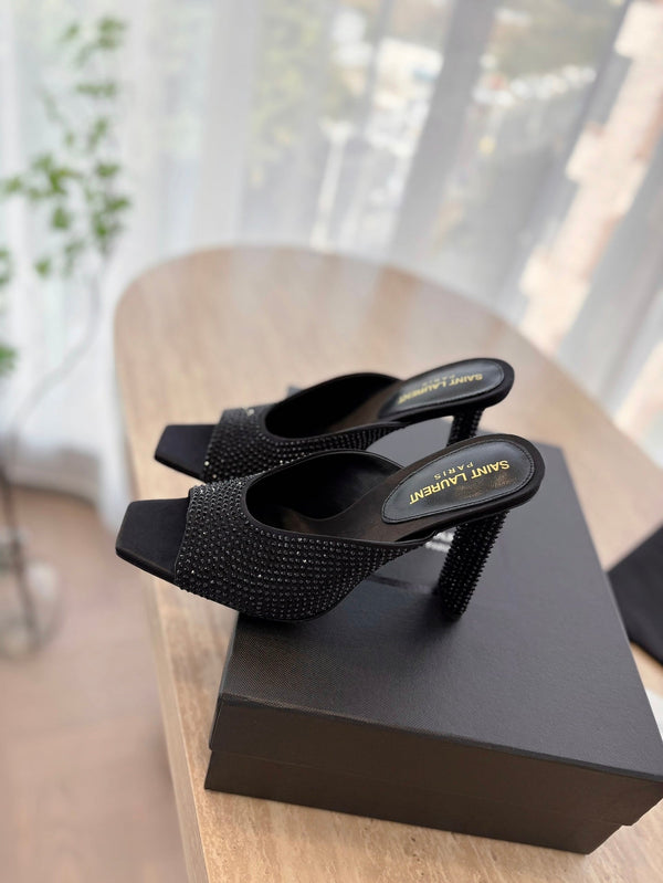 HIGH HEEL BLONDE MULE 10 CM IN BLACK SATIN WITH RHINESTONES