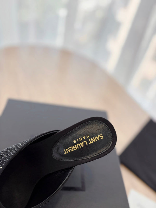 HIGH HEEL BLONDE MULE 10 CM IN BLACK SATIN WITH RHINESTONES