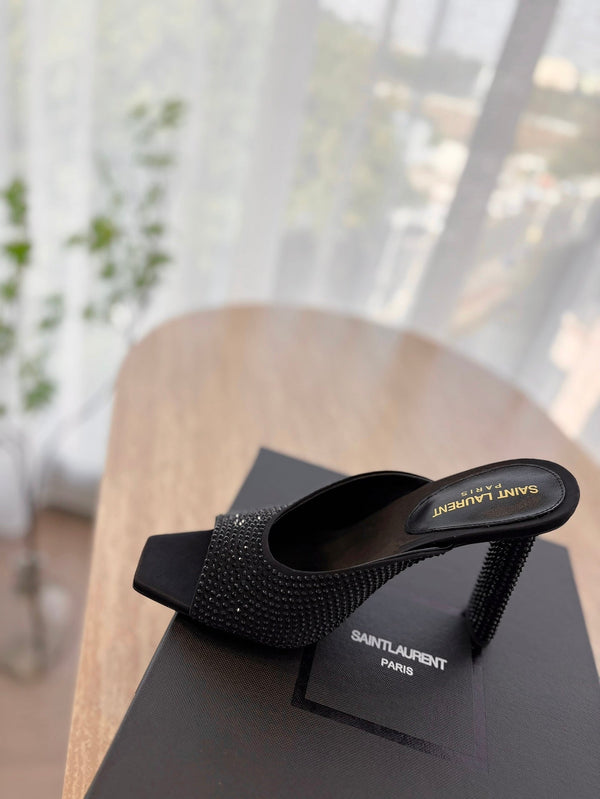 HIGH HEEL BLONDE MULE 10 CM IN BLACK SATIN WITH RHINESTONES