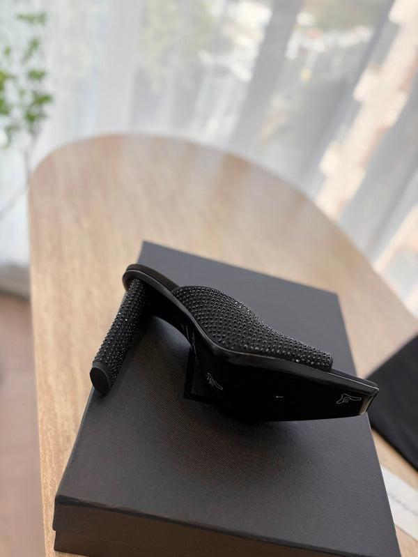 HIGH HEEL BLONDE MULE 10 CM IN BLACK SATIN WITH RHINESTONES