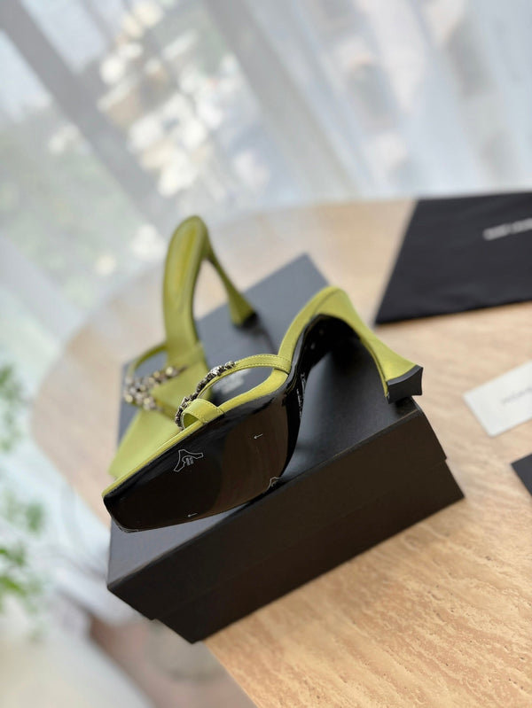 RAV HIGH HEEL 10 CM EMBELLISHED OLIVE GREEN SATIN MULES