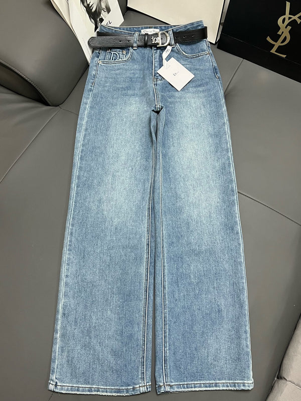 CD 2025 Belt Straight Slightly Stretch Jeans Denim Blue Cotton 109045