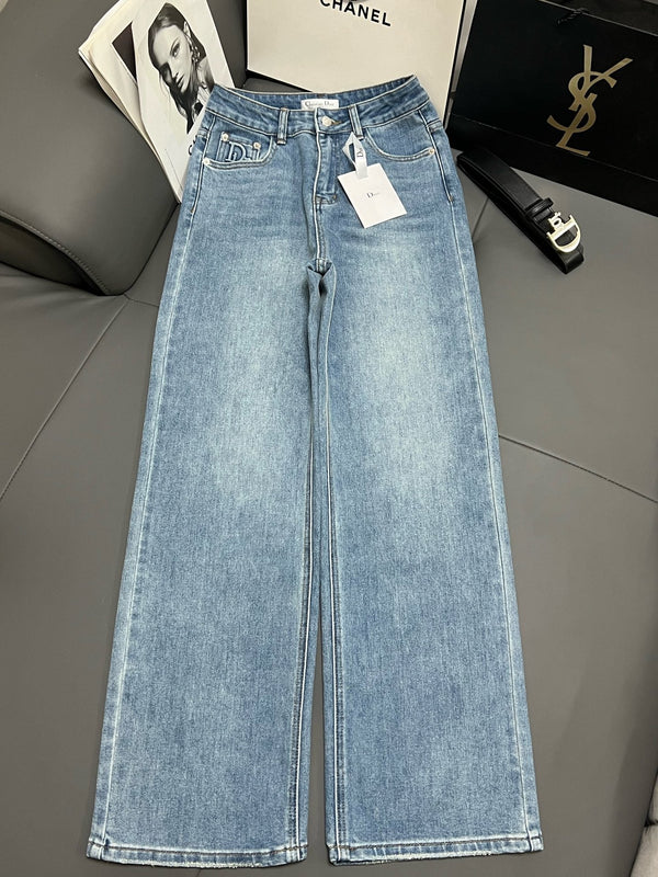 CD 2025 Belt Straight Slightly Stretch Jeans Denim Blue Cotton 109045