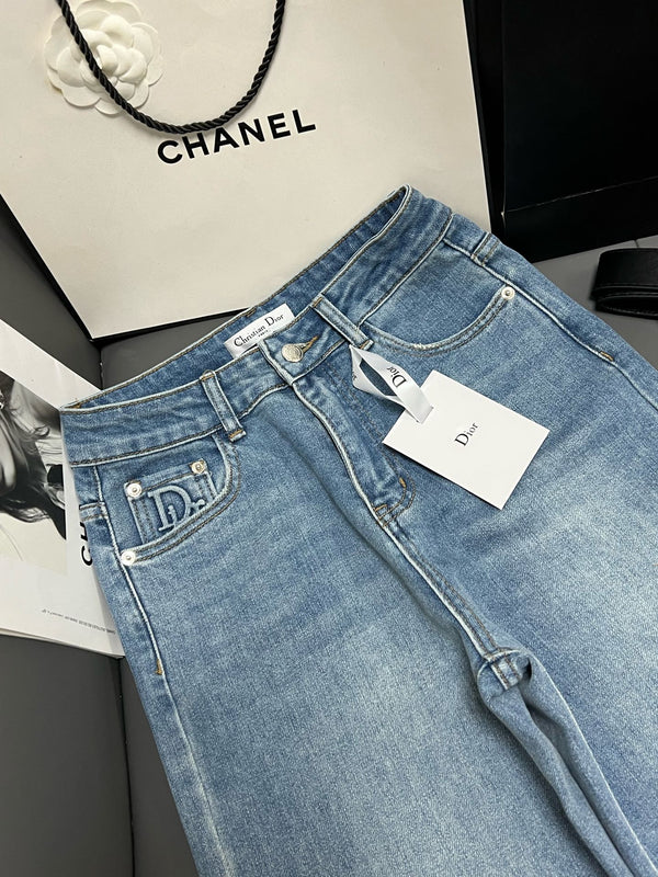 CD 2025 Belt Straight Slightly Stretch Jeans Denim Blue Cotton 109045