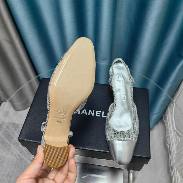 slingbacks 65 black white canvas silver metalic calfskin