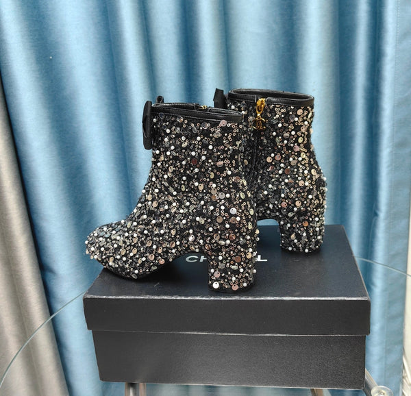 CC Ankle Boots Black Bow Tweed Sequin Beaded Fabric