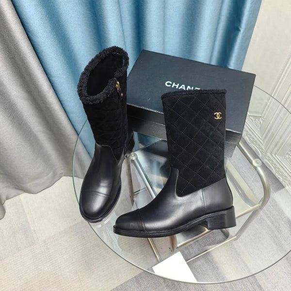 CC Short Boots Black Suede Lining Wool And Lambskin