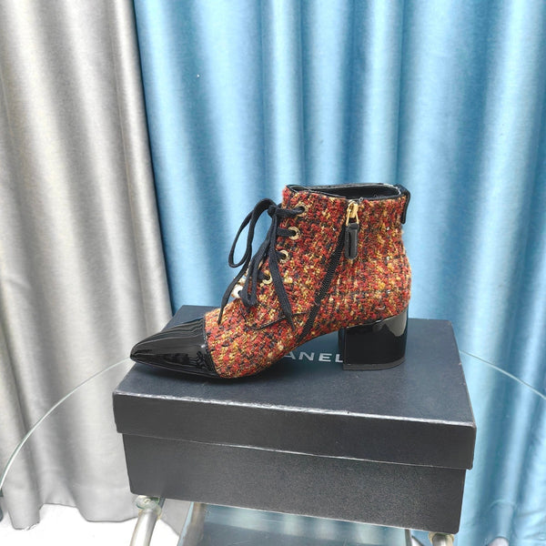 CC Ankle Boots Red Orange Tweed Fabric And Lambskin