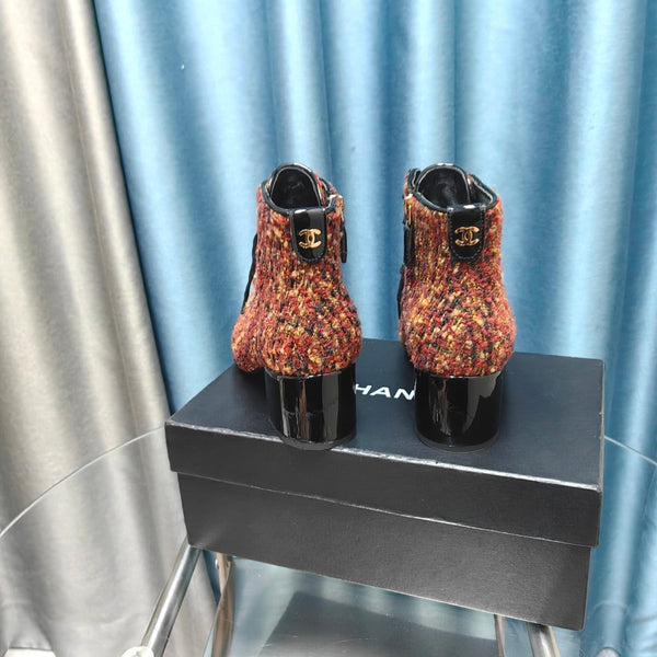 CC Ankle Boots Red Orange Tweed Fabric And Lambskin