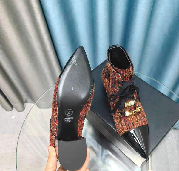 CC Ankle Boots Red Orange Tweed Fabric And Lambskin