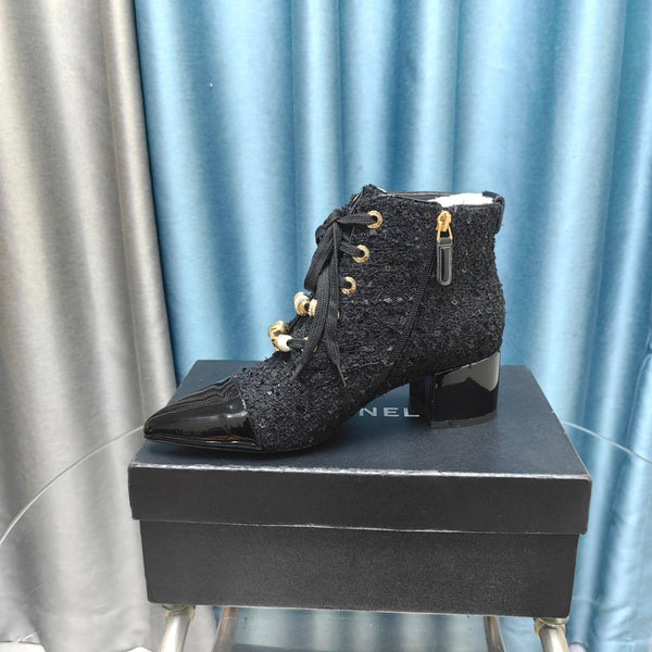 CC Ankle Boots Black Tweed Fabric And Lambskin