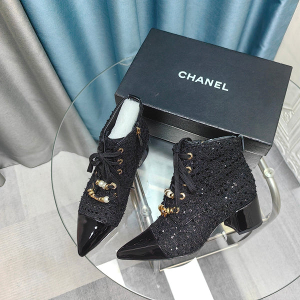 CC Ankle Boots Black Tweed Fabric And Lambskin