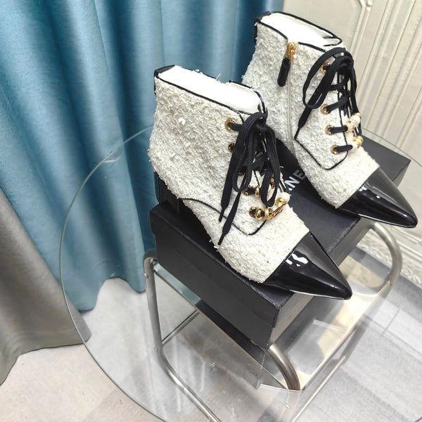 CC Ankle Boots White Tweed Fabric And Lambskin