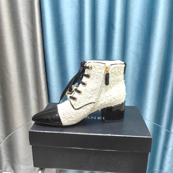 CC Ankle Boots White Tweed Fabric And Lambskin