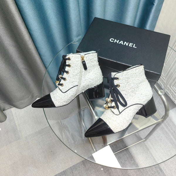 CC Ankle Boots White Tweed Fabric And Lambskin