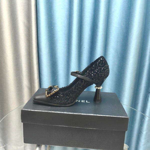 CC High Mary Janes Black Beaded Fabric And Lambskin