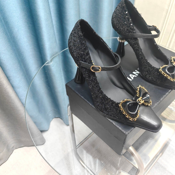 CC High Mary Janes Black Beaded Fabric And Lambskin