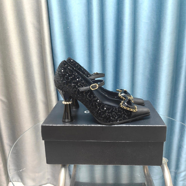 CC High Mary Janes Black Beaded Fabric And Lambskin