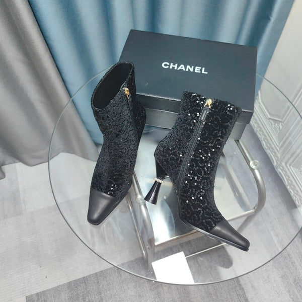 CC Ankle Boots Black Beaded Fabric And Cowhide