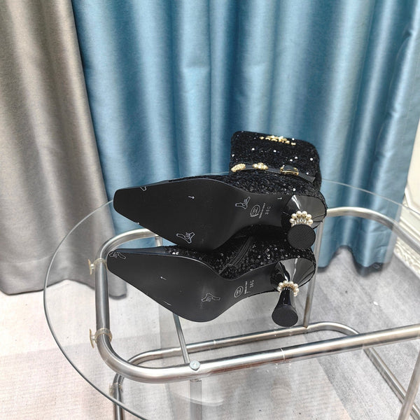 Stivali alti CC in tessuto perline nero e pelle di mucca