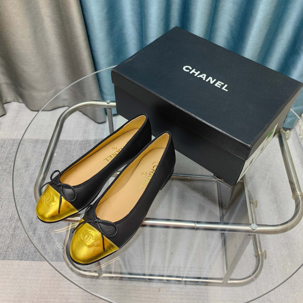 CC 25P Ballet Flat Black Calfskin Yellow Patent Calfskin
