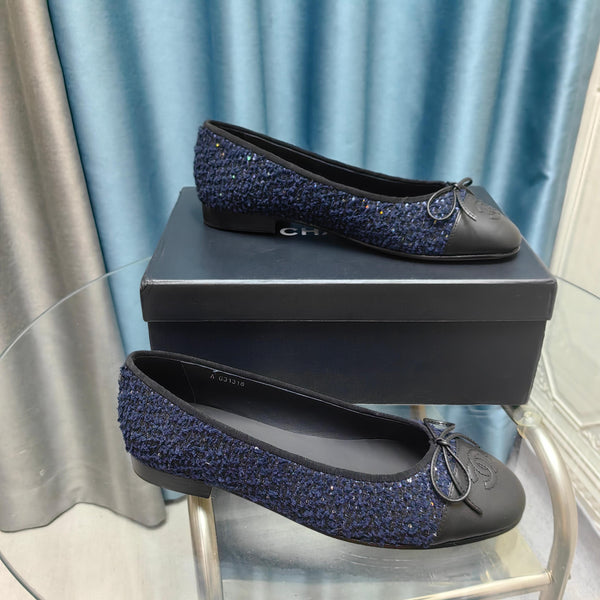 CC 25P Ballet Flat Dark Blue Tweed Black Calfskin