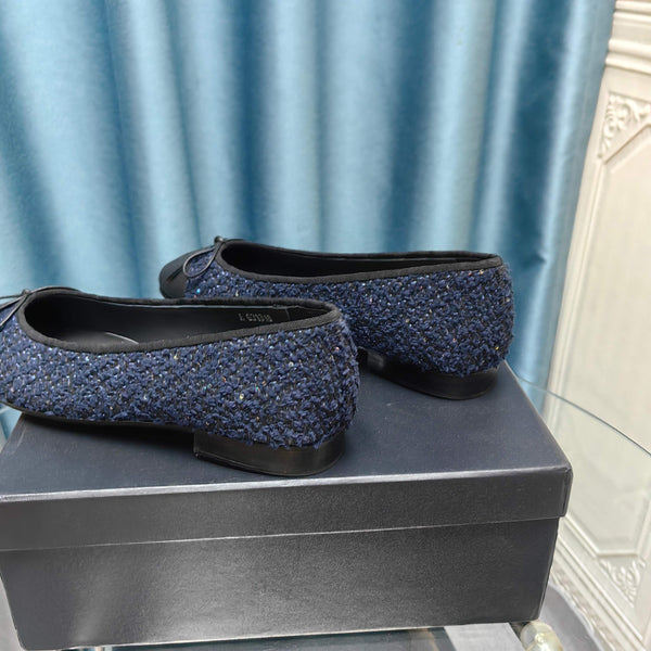 CC 25P Ballet Flat Dark Blue Tweed Black Calfskin
