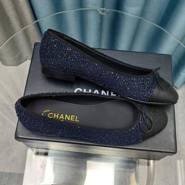 CC 25P Ballet Flat Dark Blue Tweed Black Calfskin