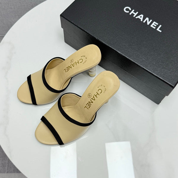CC 25 High Heel Slippers 85mn Beige Black Sheepskin 368791