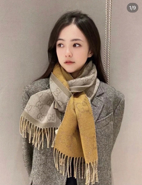 SCIARPA 195 CM IN CASHMERE GIALLO DIJON E MARRONE KAKI 401403