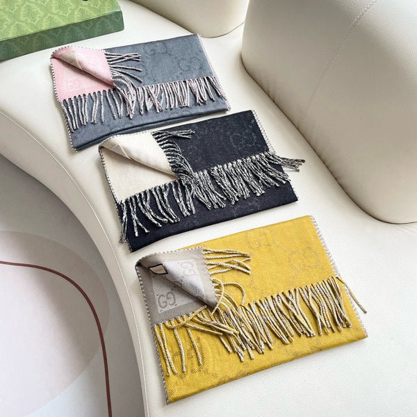 SCIARPA 195 CM IN CASHMERE GIALLO DIJON E MARRONE KAKI 401403