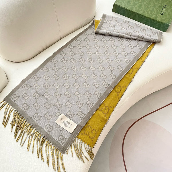 SCIARPA 195 CM IN CASHMERE GIALLO DIJON E MARRONE KAKI 401403