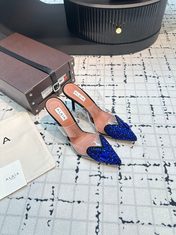 Alaia Heart With Crystals 90mm Heels Mules Dark Blue Sheepskin 800948