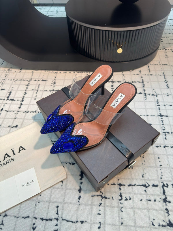 Alaia Heart With Crystals 90mm Heels Mules Dark Blue Sheepskin 800948