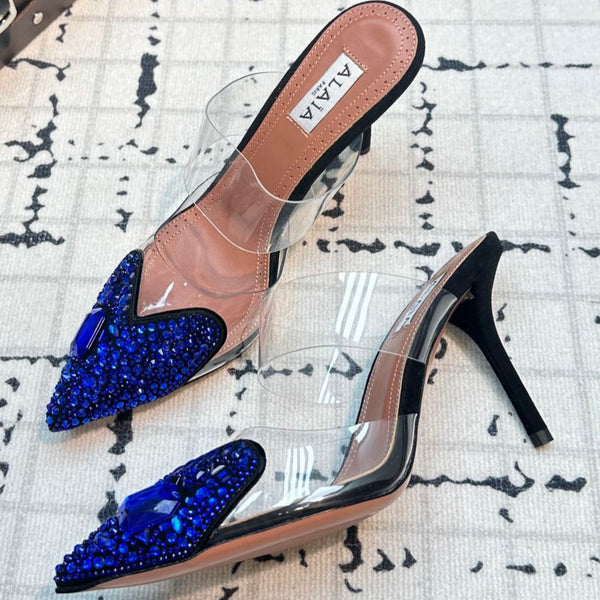 Alaia Heart With Crystals 90mm Heels Mules Dark Blue Sheepskin 800948