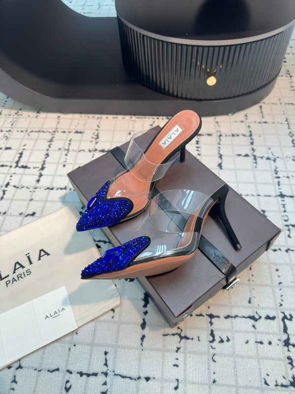 Alaia Heart With Crystals 90mm Heels Mules Dark Blue Sheepskin 800948