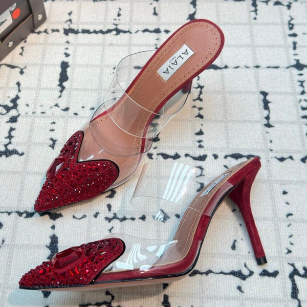 Alaia Heart With Crystals 90mm Heels Mules Red Sheepskin 800949