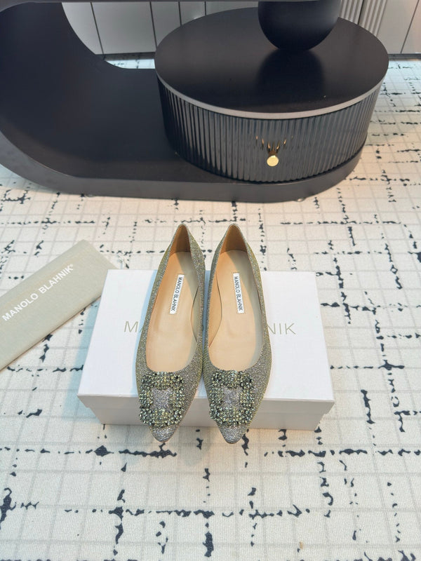 Hangisi 20 Ballet Flat Gold Glitter Fabric Leather Jewel Buckle 912606