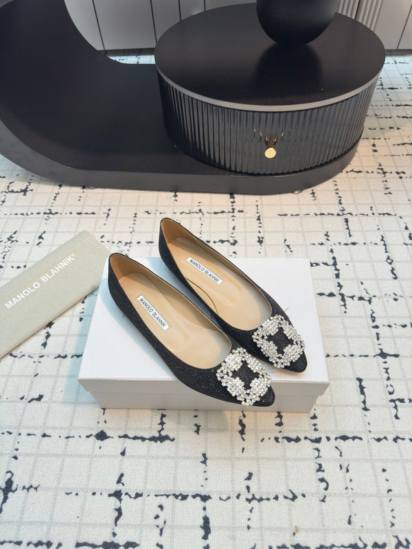 Hangisi 20 Ballet Flat Black Glitter Fabric Leather Jewel Buckle 912608