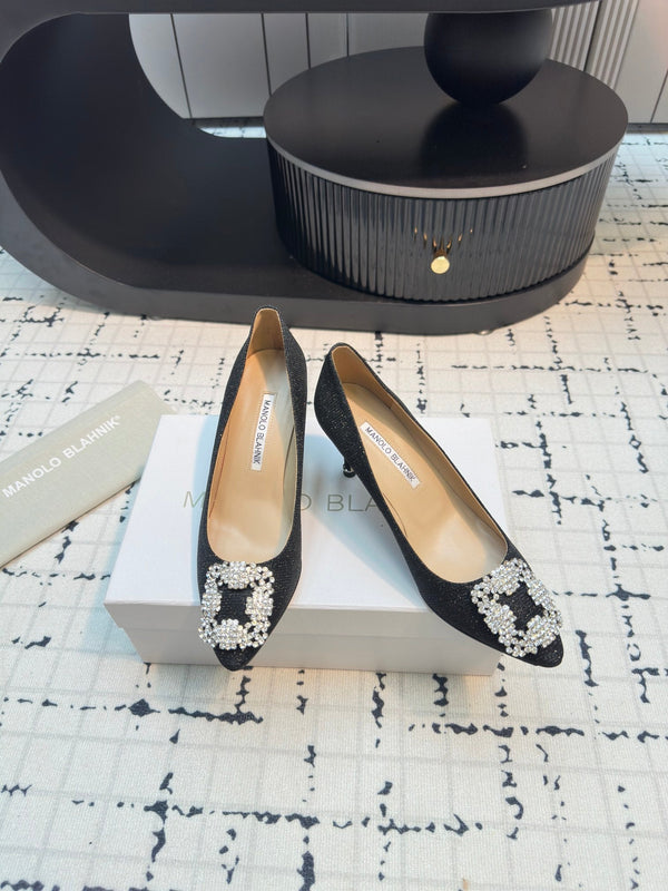 Hangisi 70 Black Glitter Fabric Leather Jewel Buckle Pumps 912612
