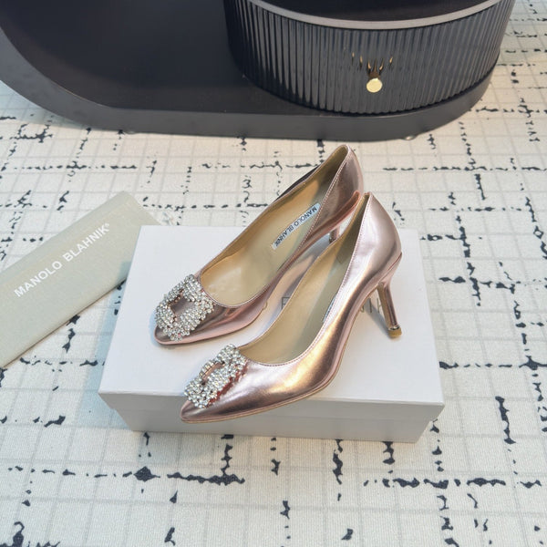 Hangisi 70 Rose Gold Metallic Leather Jewel Buckle Pumps 912618