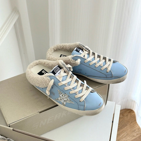 SUPER-STAR SABOTS IN BLUE CALFSKIN WITH GLITTER WHITE STAR