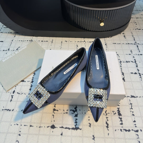 Hangisi 10mm Ballet Flat Dark Blue Linen with Black Leather Jewel Buckle 161059