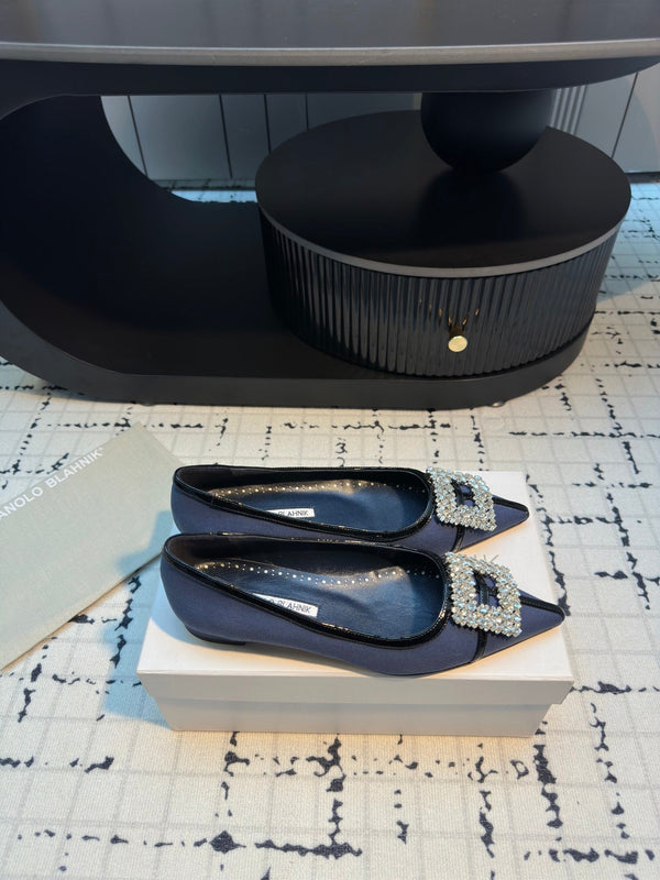 Hangisi 10mm Ballet Flat Dark Blue Linen with Black Leather Jewel Buckle 161059