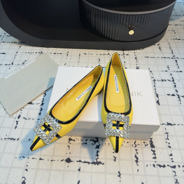 Hangisi 10mm Ballet Flat Yellow Linen with Black Leather Jewel Buckle 161061