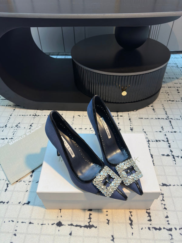 Hangisi 100 Dark Blue Linen with Black Leather Jewel Buckle Pumps 161070